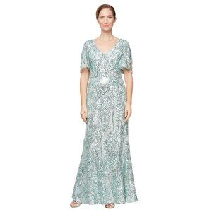Alex Evenings NEW Ice Sage Green Sequined-Lace Cold-Shoulder Gown Dress Size 16